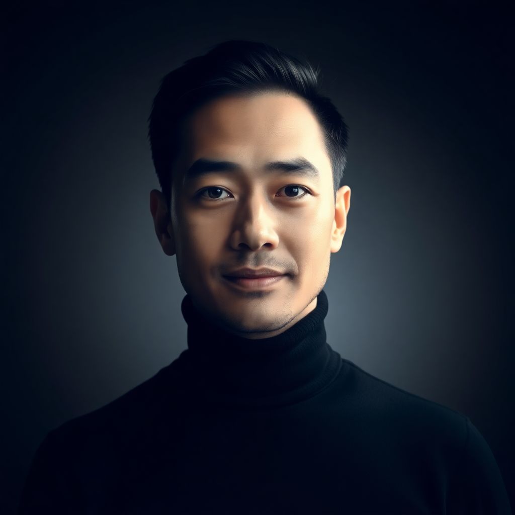 Founder Mode AI portrait — black turtleneck with studio rim lighting