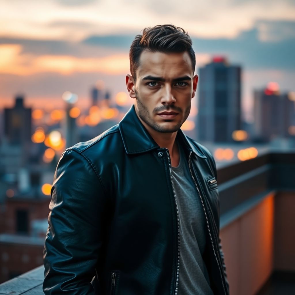 Rooftop AI portrait — cinematic dusk with urban skyline backdrop